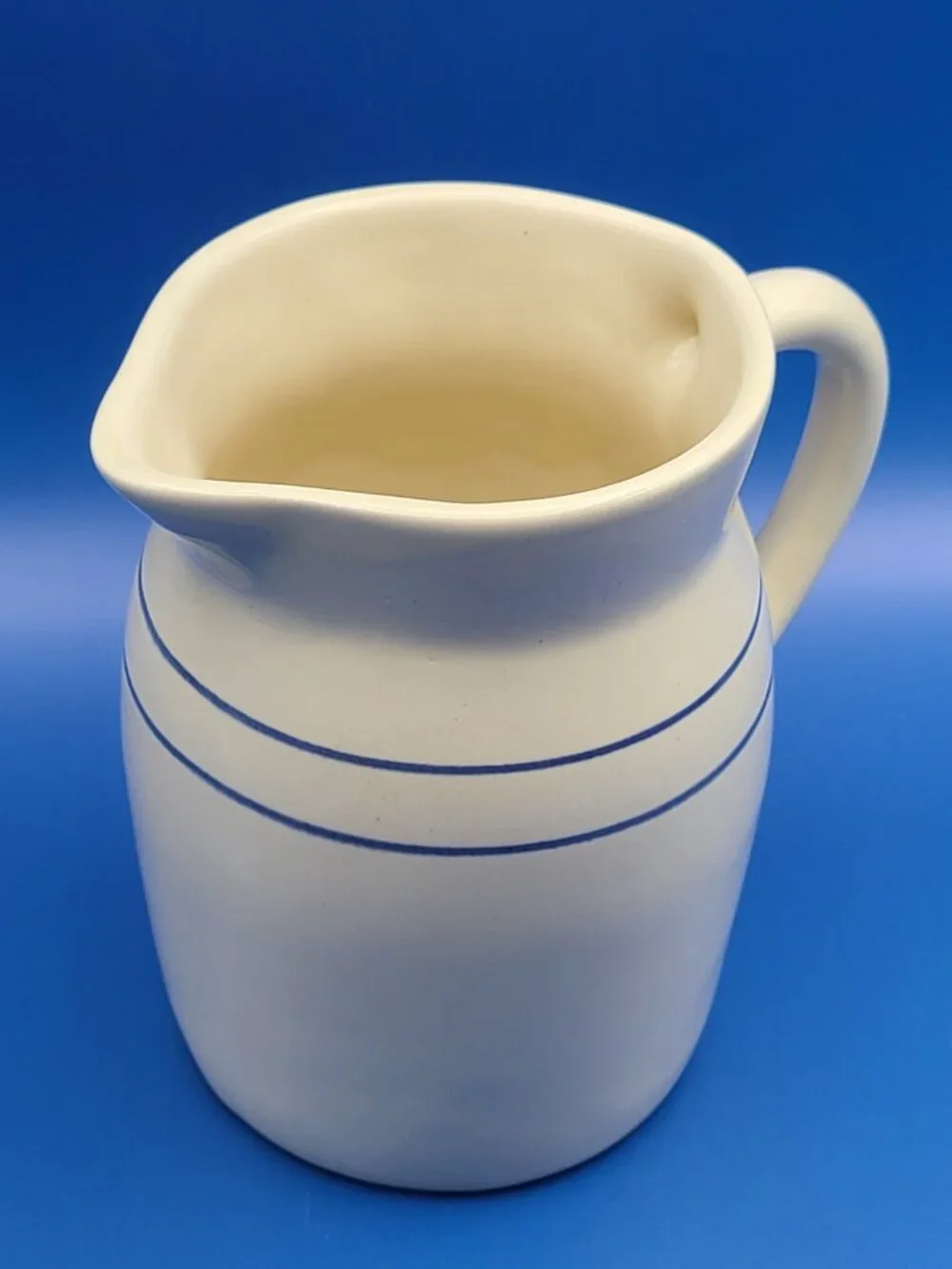 Vintage Stoneware Blue Stripe Rustic Pitcher Farmhouse Pottery 6